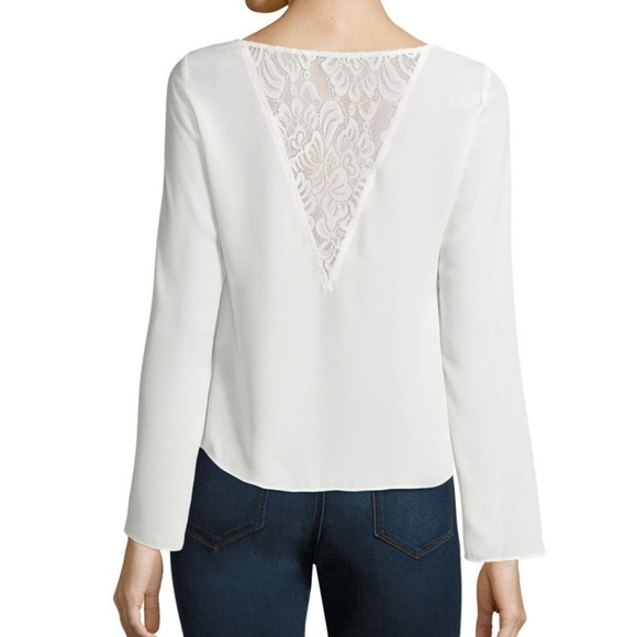 NEW PLUS 2X Top Blouse Peplum Pullover White Lace Sheer Vback Long Sleeve Decree - Picture 3 of 7